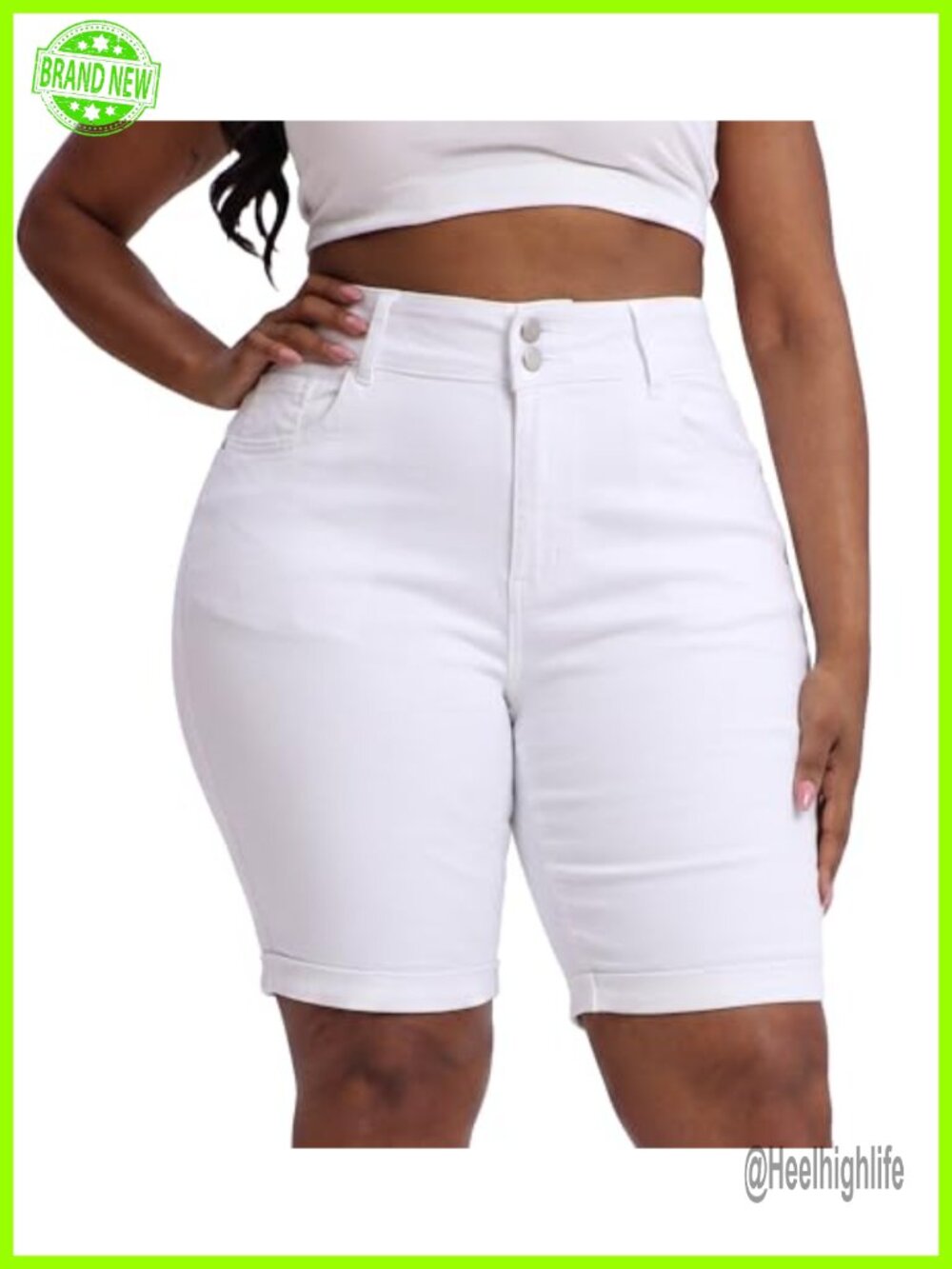 High Waisted Stretchy Bermuda Denim Shorts Folded Hem Womens Plus Size